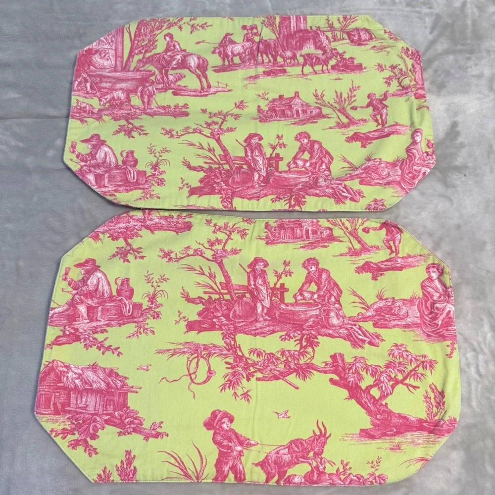 Williams Sonoma Toile Placemats & Napkins Set 8 Pc Green Pink Cotton Table Linen